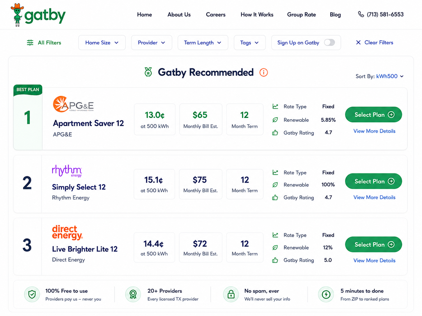 Gatby marketplace showing ranked plans in one place